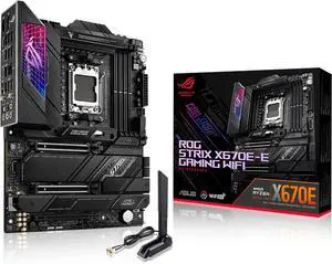 ASUS ROG STRIX X670E-E GAMING WIFI AMD X670 ATX motherboard,AM5 DDR5 support,two PCIe 5.0 x16 slots,USB 3.2 Gen 2x2,onboard WiFi 6E,Dynamic OC Switcher, Core Flex, AI Cooling II,Aura Sync RGB lighting