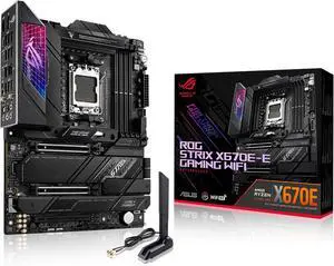 ASUS ROG STRIX X670E-E GAMING WIFI AMD X670 ATX motherboard,AM5 DDR5 support,two PCIe 5.0 x16 slots,USB 3.2 Gen 2x2,onboard WiFi 6E,Dynamic OC Switcher, Core Flex, AI Cooling II,Aura Sync RGB lighting