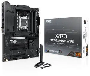 ASUS X870 MAX GAMING WIFI7 AMD X870 (AM5 Socket) ATX motherboard,DDR5,three M.2 slots,Realtek 2.5Gb Ethernet,USB 40Gbps,front USB 20Gbps Type-C connector,SATA 6Gbps ports,PCIe Slot Q-Release,Aura Sync