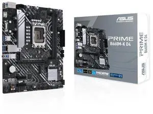 ASUS PRIME B660M-K D4 Intel B660 (LGA 1700) mATX motherboard with PCIe 4.0, two M.2 slots, DDR4, HDMI, D-Sub, Realtek 1Gb Ethernet, front USB 3.2 Gen 1, ASUS Lighting Control