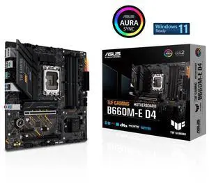 ASUS TUF GAMING B660M-E D4 Intel B660 (LGA 1700) mATX motherboard with PCIe 4.0 slot, two PCIe 4.0 M.2 slots, 10 Power stages, Realtek 2.5Gb Ethernet, DP, HDMI, front USB 3.2 Gen 2 Type-C, Aura Sync