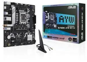 ASUS B760M-AYW WIFI D4 Intel B760 (LGA 1700) mATX motherboard, Advanced AI PC ready, PCIe 4.0, two PCIe 4.0 M.2 slots, DDR4, Realtek 2.5Gb Ethernet, WiFi 6, HDMI, SATA 6 Gbps, front USB 3.2 Gen 1, Aur