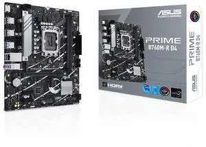 ASUS PRIME B760M-R D4 Intel B760 (LGA 1700) micro-ATX motherboard, Advanced AI PC ready, PCIe 4.0, DDR4, two PCIe 4.0 M.2 slots, Realtek 2.5Gb Ethernet, HDMI, SATA 6 Gbps, front USB 5Gbps, Aura Sync