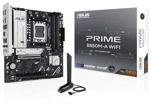 ASUS PRIME B850M-A WIFI AMD B850 (AM5 Socket) micro-ATX motherboard,DDR5, PCIe 5.0 Ready,three M.2 slots,Wi-Fi 6E,Realtek 2.5Gb Ethernet,dual DisplayPort,HDMI,front USB 5Gbps Type-C support,Aura Sync