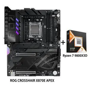 ASUS ROG CROSSHAIR X870E APEX Motherboard & AMD Ryzen 7 9800X3D CPU Combo, AMD AM5 ATX motherboard, 18+2+2 stages, DDR5, ROG Memory Fan, ROG DIMM.2 Card, Wi-Fi 7, 3x M.2, PCIe® 5.0, USB4® , AI OC ASUS ROG CROSSHAIR X870E APEX Motherboard & AMD Ryzen 7 9800X3D CPU Combo, AMD AM5 ATX motherboard, 18+2+2 stages, DDR5, ROG Memory Fan, ROG DIMM.2 Card, Wi-Fi 7, 3x M.2, PCIe® 5.0, USB4® , AI OC