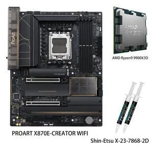 ASUS ProArt X870E-CREATOR WIFI Motherboard & AMD Ryzen 9 9900X3D CPU Combo, AM5 ATX , PCIe 5.0 x16 slots with full support for next-gen GPUs, DDR5, dual USB4, 10 Gb & 2.5 Gb LAN, WiFi 7, four M.2 slot ASUS ProArt X870E-CREATOR WIFI Motherboard & AMD Ryzen 9 9900X3D CPU Combo, AM5 ATX , PCIe 5.0 x16 slots with full support for next-gen GPUs, DDR5, dual USB4, 10 Gb & 2.5 Gb LAN, WiFi 7, four M.2 slot