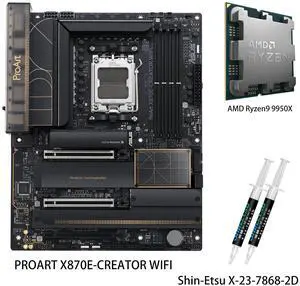 ASUS ProArt X870E-CREATOR WIFI Motherboard & AMD Ryzen 9 9950X CPU Combo, AM5 ATX , PCIe 5.0 x16 slots with full support for next-gen GPUs, DDR5, dual USB4, 10 Gb & 2.5 Gb LAN, WiFi 7, four M.2 slot ASUS ProArt X870E-CREATOR WIFI Motherboard & AMD Ryzen 9 9950X CPU Combo, AM5 ATX , PCIe 5.0 x16 slots with full support for next-gen GPUs, DDR5, dual USB4, 10 Gb & 2.5 Gb LAN, WiFi 7, four M.2 slot
