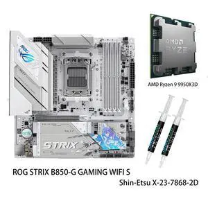 ASUS ROG Strix B850-G Gaming WiFi S Motherboard & AMD Ryzen 9 9950X3D CPU Combo, AMD AM5 B850 mATX white Motherboard, DDR5 WIFI 7,4x M.2, PCIe 5.0 x16, USB 20Gbps Type-C, Ryzen 9 9000 Series ASUS ROG Strix B850-G Gaming WiFi S Motherboard & AMD Ryzen 9 9950X3D CPU Combo, AMD AM5 B850 mATX white Motherboard, DDR5 WIFI 7,4x M.2, PCIe 5.0 x16, USB 20Gbps Type-C, Ryzen 9 9000 Series