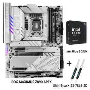ASUS ROG MAXIMUS Z890 APEX motherboard & intel Core Ultra 5 245K CPU Combo, Intel® Z890 LGA 1851 ATX, 22+2+1+2 stages, DDR5, WiFi 7, 5G LAN, 3x PCIe® 5.0 M.2, USB Type-C®, AI OC, Cooling , AI PC-read ASUS ROG MAXIMUS Z890 APEX motherboard & intel Core Ultra 5 245K CPU Combo, Intel® Z890 LGA 1851 ATX, 22+2+1+2 stages, DDR5, WiFi 7, 5G LAN, 3x PCIe® 5.0 M.2, USB Type-C®, AI OC, Cooling , AI PC-read