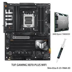 ASUS TUF GAMING X870-PLUS WIFI AM5 ATX Motherboard & AMD Ryzen 7 9800X3D CPU Combo , 16+2+1, 80A SPS power, DDR5, PCIe 5.0 Ready, four M.2 slots, WiFi 7, 2.5Gb LAN, USB4 40Gbps, SATA 6 Gbps, Type-C ASUS TUF GAMING X870-PLUS WIFI AM5 ATX Motherboard & AMD Ryzen 7 9800X3D CPU Combo , 16+2+1, 80A SPS power, DDR5, PCIe 5.0 Ready, four M.2 slots, WiFi 7, 2.5Gb LAN, USB4 40Gbps, SATA 6 Gbps, Type-C