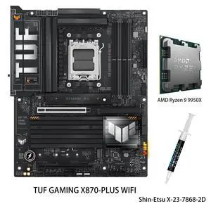 ASUS TUF GAMING X870-PLUS WIFI AM5 ATX Motherboard & AMD Ryzen 9 9950X CPU Combo , 16+2+1, 80A SPS power, DDR5, PCIe 5.0 Ready, four M.2 slots, WiFi 7, 2.5Gb LAN, USB4 40Gbps, SATA 6 Gbps, Type-C ASUS TUF GAMING X870-PLUS WIFI AM5 ATX Motherboard & AMD Ryzen 9 9950X CPU Combo , 16+2+1, 80A SPS power, DDR5, PCIe 5.0 Ready, four M.2 slots, WiFi 7, 2.5Gb LAN, USB4 40Gbps, SATA 6 Gbps, Type-C