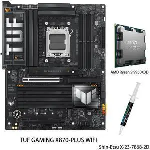 ASUS TUF GAMING X870-PLUS WIFI AM5 ATX Motherboard & AMD Ryzen 9 9950X3D CPU Combo , 16+2+1, 80A SPS power, DDR5, PCIe 5.0 Ready, four M.2 slots, WiFi 7, 2.5Gb LAN, USB4 40Gbps, SATA 6 Gbps, Type-C ASUS TUF GAMING X870-PLUS WIFI AM5 ATX Motherboard & AMD Ryzen 9 9950X3D CPU Combo , 16+2+1, 80A SPS power, DDR5, PCIe 5.0 Ready, four M.2 slots, WiFi 7, 2.5Gb LAN, USB4 40Gbps, SATA 6 Gbps, Type-C