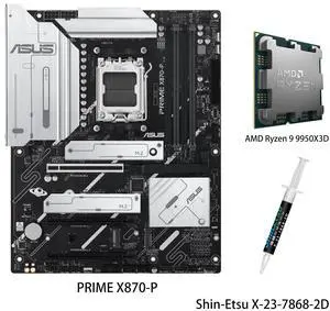 ASUS PRIME X870-P Motherboard & AMD Ryzen 9 9950X3D CPU Combo, AMD X870 (AM5 Socket) ATX ,DDR5 slots, four M.2 slots, Realtek 2.5 Gb Ethernet, USB 40Gbps, SATA 6Gbps ports, USB 5 Gbps header ASUS PRIME X870-P Motherboard & AMD Ryzen 9 9950X3D CPU Combo, AMD X870 (AM5 Socket) ATX ,DDR5 slots, four M.2 slots, Realtek 2.5 Gb Ethernet, USB 40Gbps, SATA 6Gbps ports, USB 5 Gbps header
