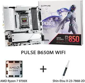 Sapphire PURE B850M WIFI AM5 mATX Motherboard + AMD Ryzen 7 9700X 8-Core 16-Thread Zen 5 Combo, 12+2+1 Power Stage, WiFi 6E, Bluetooth 5.3, 2.5G LAN, Dual PCIe 4.0 M.2, DDR5 Overclocking Support Sapphire PURE B850M WIFI AM5 mATX Motherboard + AMD Ryzen 7 9700X 8-Core 16-Thread Zen 5 Combo, 12+2+1 Power Stage, WiFi 6E, Bluetooth 5.3, 2.5G LAN, Dual PCIe 4.0 M.2, DDR5 Overclocking Support