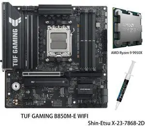 ASUS TUF GAMING B850M-E WIFI Motherboard & AMD Ryzen 9 9950X CPU Combo, AMD B850 mATX motherboard AM5, three M.2 DisplayPort, rear USB10Gbps Type-Ceport, Bl0SFlashBack, Addressable RGB Gen2 headers ASUS TUF GAMING B850M-E WIFI Motherboard & AMD Ryzen 9 9950X CPU Combo, AMD B850 mATX motherboard AM5, three M.2 DisplayPort, rear USB10Gbps Type-Ceport, Bl0SFlashBack, Addressable RGB Gen2 headers