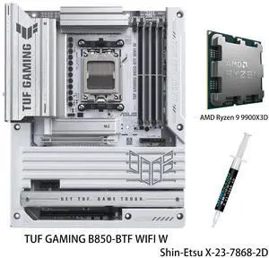 ASUS TUF GAMING B850-BTF WIFI W Motherboard & AMD Ryzen 9 9900X3D CPU Combo, AMD B850 ATX Motherboard,AM5,Hidden-Connector Design,14+2+1 80A DrMOS Power Stages,PCIe 5.0 Ready,3X M.2,Wi-Fi 7, 2.5Gb LAN ASUS TUF GAMING B850-BTF WIFI W Motherboard & AMD Ryzen 9 9900X3D CPU Combo, AMD B850 ATX Motherboard,AM5,Hidden-Connector Design,14+2+1 80A DrMOS Power Stages,PCIe 5.0 Ready,3X M.2,Wi-Fi 7, 2.5Gb LAN