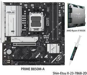 ASUS PRIME B850M-A Motherboard & AMD Ryzen 9 9950X CPU Combo, AMD B850 (AM5 Socket) micro-ATX,5PCIe 5.0 Ready,three M.2 slots,Realtek 2.5Gb Ethernet,dual DisplayPort,front USB 5Gbps Type-C support ASUS PRIME B850M-A Motherboard & AMD Ryzen 9 9950X CPU Combo, AMD B850 (AM5 Socket) micro-ATX,5PCIe 5.0 Ready,three M.2 slots,Realtek 2.5Gb Ethernet,dual DisplayPort,front USB 5Gbps Type-C support