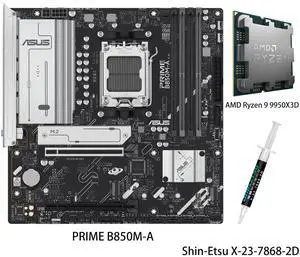 ASUS PRIME B850M-A Motherboard & AMD Ryzen 9 9950X3D CPU Combo, AMD B850 (AM5 Socket) micro-ATX,5PCIe 5.0 Ready,three M.2 slots,Realtek 2.5Gb Ethernet,dual DisplayPort,front USB 5Gbps Type-C support ASUS PRIME B850M-A Motherboard & AMD Ryzen 9 9950X3D CPU Combo, AMD B850 (AM5 Socket) micro-ATX,5PCIe 5.0 Ready,three M.2 slots,Realtek 2.5Gb Ethernet,dual DisplayPort,front USB 5Gbps Type-C support