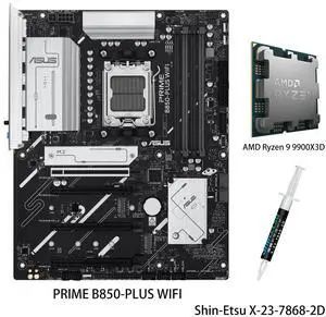 ASUS PRIME B850-PLUS WIFI Motherboard & AMD Ryzen 9 9900X3D CPU Combo, AMD B850 ATX motherboard AM5 DDR5, PCle 5.0 Ready, three M.2slots, Wi-Fi 6E, Realtek 2.5GbEthernet, BlOS FlashBack, AuraSync ASUS PRIME B850-PLUS WIFI Motherboard & AMD Ryzen 9 9900X3D CPU Combo, AMD B850 ATX motherboard AM5 DDR5, PCle 5.0 Ready, three M.2slots, Wi-Fi 6E, Realtek 2.5GbEthernet, BlOS FlashBack, AuraSync