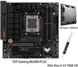 ASUS TUF Gaming B650M-PLUS Motherboard & AMD Ryzen 7 9800X3D CPU Combo, AMD AM5 (Ryzen 7000, Micro-ATX, PCIe 5.0, DDR5 Memory, 14 Power Stages, USB 3.2 Gen 2x2 Type-C, 2.5G Ethernet, Aura Sync) ASUS TUF Gaming B650M-PLUS Motherboard & AMD Ryzen 7 9800X3D CPU Combo, AMD AM5 (Ryzen 7000, Micro-ATX, PCIe 5.0, DDR5 Memory, 14 Power Stages, USB 3.2 Gen 2x2 Type-C, 2.5G Ethernet, Aura Sync)