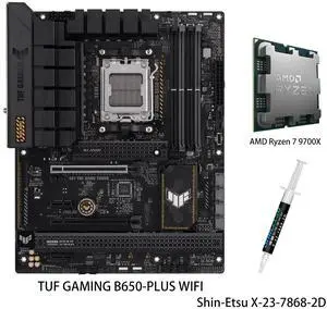 ASUS TUF GAMING B650-PLUS WIFI Motherboard & AMD Ryzen 7 9700X CPU Combo, AMD B650 AM5 Ryzen Desktop 9000 8000 and 7000 ATX motherboard, 14 power stages, PCIe® 5.0 M.2, WiFi 6 and 2.5 Gb Ethernet ASUS TUF GAMING B650-PLUS WIFI Motherboard & AMD Ryzen 7 9700X CPU Combo, AMD B650 AM5 Ryzen Desktop 9000 8000 and 7000 ATX motherboard, 14 power stages, PCIe® 5.0 M.2, WiFi 6 and 2.5 Gb Ethernet