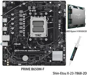 ASUS PRIME B650M-F Motherboard & AMD Ryzen 9 9950X3D CPU Combo, B650 micro-ATX motherboard,AM5,DDR5,PCIe 4.0, M.2 slot,Realtek 1Gb wired LAN,HDMI,USB 5Gbps Type-A,SATA 6 Gbps ASUS PRIME B650M-F Motherboard & AMD Ryzen 9 9950X3D CPU Combo, B650 micro-ATX motherboard,AM5,DDR5,PCIe 4.0, M.2 slot,Realtek 1Gb wired LAN,HDMI,USB 5Gbps Type-A,SATA 6 Gbps