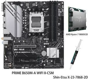 ASUS PRIME B650M-A WIFI II-CSM Motherboard & AMD Ryzen 7 9800X3D CPU Combo, AMD B650 Mini-ITX Motherboard, DDR5, PCIe 5.0 M.2, Wi-Fi 6, DisplayPort, VGA, HDMI®, SATA 6 Gbps ASUS PRIME B650M-A WIFI II-CSM Motherboard & AMD Ryzen 7 9800X3D CPU Combo, AMD B650 Mini-ITX Motherboard, DDR5, PCIe 5.0 M.2, Wi-Fi 6, DisplayPort, VGA, HDMI®, SATA 6 Gbps