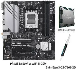 ASUS PRIME B650M-A WIFI II-CSM Motherboard & AMD Ryzen 9 9900X CPU Combo, AMD B650 Mini-ITX Motherboard, DDR5, PCIe 5.0 M.2, Wi-Fi 6, DisplayPort, VGA, HDMI®, SATA 6 Gbps ASUS PRIME B650M-A WIFI II-CSM Motherboard & AMD Ryzen 9 9900X CPU Combo, AMD B650 Mini-ITX Motherboard, DDR5, PCIe 5.0 M.2, Wi-Fi 6, DisplayPort, VGA, HDMI®, SATA 6 Gbps