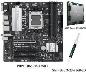 PRIME B650M-A WIFI Motherboard & AMD Ryzen 9 9900X3D CPU Combo, AMD B650 Micro-ATX motherboard, DDR5,PCIe 5.0 M.2, Realtek 2.5G NIC,Wi-Fi 6,SATA 6 Gbps,USB 3.2 Gen 2 ports,Front USB 3.2 Gen 1 Type-C® PRIME B650M-A WIFI Motherboard & AMD Ryzen 9 9900X3D CPU Combo, AMD B650 Micro-ATX motherboard, DDR5,PCIe 5.0 M.2, Realtek 2.5G NIC,Wi-Fi 6,SATA 6 Gbps,USB 3.2 Gen 2 ports,Front USB 3.2 Gen 1 Type-C®