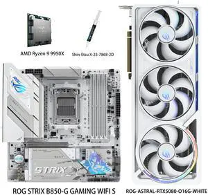 ASUS GPU& Motherboard &Thermal paste & CPU Combo, ROG-ASTRAL-RTX5080-O16G-WHITE Graphics Card, ROG STRIX B850-G GAMING WIFI S Motherboard, AMD Ryzen 9 9950X CPU, for Powering Advanced AI PC, gaming ASUS GPU& Motherboard &Thermal paste & CPU Combo, ROG-ASTRAL-RTX5080-O16G-WHITE Graphics Card, ROG STRIX B850-G GAMING WIFI S Motherboard, AMD Ryzen 9 9950X CPU, for Powering Advanced AI PC, gaming