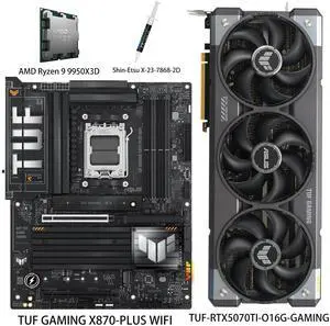 ASUS GPU& Motherboard &Thermal paste & CPU Combo, TUF-RTX5070TI-O16G-GAMING Graphics Card,TUF GAMING X870-PLUS WIFI Motherboard, AMD Ryzen 9 9950X3D CPU, for AI PC, gaming PC ASUS GPU& Motherboard &Thermal paste & CPU Combo, TUF-RTX5070TI-O16G-GAMING Graphics Card,TUF GAMING X870-PLUS WIFI Motherboard, AMD Ryzen 9 9950X3D CPU, for AI PC, gaming PC