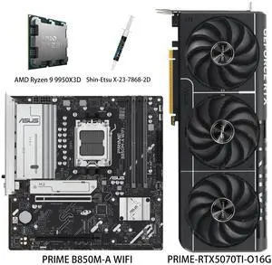 ASUS GPU& Motherboard &Thermal paste & CPU Combo, PRIME-RTX5070TI-O16G Graphics Card,PRIME B850M-A WIFI Motherboard, AMD Ryzen 9 9950X3D CPU, for Powering Advanced AI PC ASUS GPU& Motherboard &Thermal paste & CPU Combo, PRIME-RTX5070TI-O16G Graphics Card,PRIME B850M-A WIFI Motherboard, AMD Ryzen 9 9950X3D CPU, for Powering Advanced AI PC