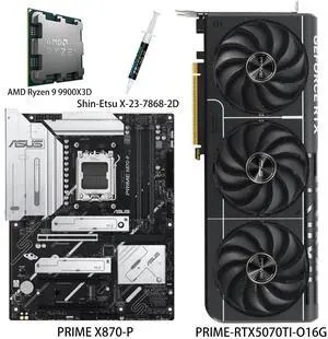 ASUS GPU& Motherboard &Thermal paste & CPU Combo, PRIME-RTX5070TI-O16G Graphics Card,PRIME X870-P Motherboard, AMD Ryzen 9 9900X3D CPU, for Powering Advanced AI PC ASUS GPU& Motherboard &Thermal paste & CPU Combo, PRIME-RTX5070TI-O16G Graphics Card,PRIME X870-P Motherboard, AMD Ryzen 9 9900X3D CPU, for Powering Advanced AI PC