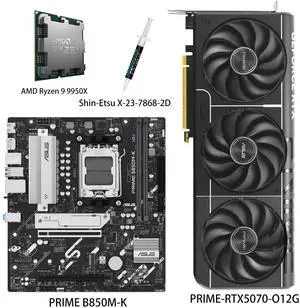 ASUS GPU& Motherboard &Thermal paste & CPU Combo, PRIME-RTX5070-O12G Graphics Card, PRIME B850M-K Motherboard, AMD Ryzen 9 9950X CPU,for Powering Advanced AI PC ASUS GPU& Motherboard &Thermal paste & CPU Combo, PRIME-RTX5070-O12G Graphics Card, PRIME B850M-K Motherboard, AMD Ryzen 9 9950X CPU,for Powering Advanced AI PC