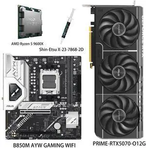 ASUS GPU& Motherboard &Thermal paste & CPU Combo, PRIME-RTX5070-O12G Graphics Card, B850M AYW GAMING WIFI Motherboard, AMD Ryzen 5 9600X CPU,for Powering Advanced AI PC ASUS GPU& Motherboard &Thermal paste & CPU Combo, PRIME-RTX5070-O12G Graphics Card, B850M AYW GAMING WIFI Motherboard, AMD Ryzen 5 9600X CPU,for Powering Advanced AI PC