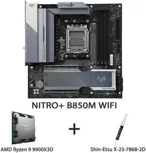 Sapphire NITRO+ B850M WIFI AM5 mATX Gaming Motherboard + AMD Ryzen 9 9900X3D 12-Core 24-Thread Zen5 3D Combo, 12+2+1, PCIe 5.0 M.2, WiFi 6E, 2.5G LAN, DDR5 8000+MT/s Overclocking Sapphire NITRO+ B850M WIFI AM5 mATX Gaming Motherboard + AMD Ryzen 9 9900X3D 12-Core 24-Thread Zen5 3D Combo, 12+2+1, PCIe 5.0 M.2, WiFi 6E, 2.5G LAN, DDR5 8000+MT/s Overclocking