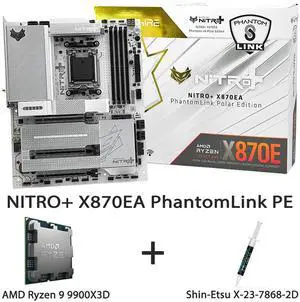 Sapphire NITRO+ X870EA PhantomLink PE AM5 ATX Motherboard + AMD Ryzen 9 9900X3D 12-Core Zen5 3D V-Cache Flagship CPU Combo | 16+2+1 90A Power, WiFi 7, 5G LAN, PhantomLink PE, PCIe 5.0, DDR5 8400+MT/s Sapphire NITRO+ X870EA PhantomLink PE AM5 ATX Motherboard + AMD Ryzen 9 9900X3D 12-Core Zen5 3D V-Cache Flagship CPU Combo | 16+2+1 90A Power, WiFi 7, 5G LAN, PhantomLink PE, PCIe 5.0, DDR5 8400+MT/s