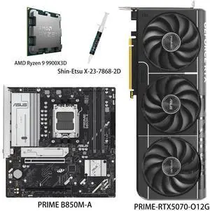 ASUS GPU& Motherboard &Thermal paste & CPU Combo, PRIME-RTX5070-O12G Graphics Card, PRIME B850M-A Motherboard, AMD Ryzen 9 9900X3D CPU,for Powering Advanced AI PC ASUS GPU& Motherboard &Thermal paste & CPU Combo, PRIME-RTX5070-O12G Graphics Card, PRIME B850M-A Motherboard, AMD Ryzen 9 9900X3D CPU,for Powering Advanced AI PC