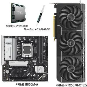 ASUS GPU& Motherboard &Thermal paste & CPU Combo, PRIME-RTX5070-O12G Graphics Card, PRIME B850M-A Motherboard, AMD Ryzen 9 9950X3D CPU,for Powering Advanced AI PC ASUS GPU& Motherboard &Thermal paste & CPU Combo, PRIME-RTX5070-O12G Graphics Card, PRIME B850M-A Motherboard, AMD Ryzen 9 9950X3D CPU,for Powering Advanced AI PC