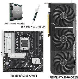ASUS GPU& Motherboard &Thermal paste & CPU Combo, PRIME-RTX5070-O12G Graphics Card, PRIME B850M-A WIFI Motherboard, AMD Ryzen 9 9900X3D CPU,for Powering Advanced AI PC ASUS GPU& Motherboard &Thermal paste & CPU Combo, PRIME-RTX5070-O12G Graphics Card, PRIME B850M-A WIFI Motherboard, AMD Ryzen 9 9900X3D CPU,for Powering Advanced AI PC