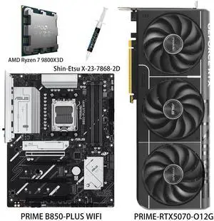 ASUS GPU& Motherboard &Thermal paste & CPU Combo, PRIME-RTX5070-O12G Graphics Card, PRIME B850-PLUS WIFI Motherboard, AMD Ryzen 7 9800X3D CPU,for Powering Advanced AI PC ASUS GPU& Motherboard &Thermal paste & CPU Combo, PRIME-RTX5070-O12G Graphics Card, PRIME B850-PLUS WIFI Motherboard, AMD Ryzen 7 9800X3D CPU,for Powering Advanced AI PC