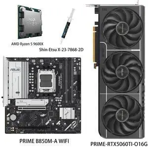 ASUS GPU& Motherboard &Thermal paste & CPU Combo, PRIME-RTX5060TI-O16G Graphics Card, PRIME B850M-A WIFI Motherboard, AMD Ryzen 5 9600X CPU,for Powering Advanced AI PC ASUS GPU& Motherboard &Thermal paste & CPU Combo, PRIME-RTX5060TI-O16G Graphics Card, PRIME B850M-A WIFI Motherboard, AMD Ryzen 5 9600X CPU,for Powering Advanced AI PC