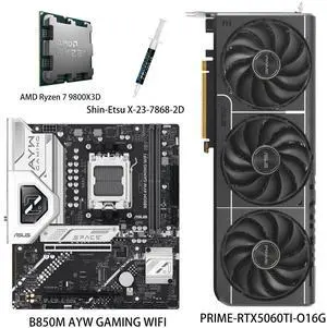 ASUS GPU& Motherboard &Thermal paste & CPU Combo, PRIME-RTX5060TI-O16G Graphics Card, B850M AYW GAMING WIFI Motherboard, AMD Ryzen 7 9800X3D CPU,for Powering Advanced AI PC ASUS GPU& Motherboard &Thermal paste & CPU Combo, PRIME-RTX5060TI-O16G Graphics Card, B850M AYW GAMING WIFI Motherboard, AMD Ryzen 7 9800X3D CPU,for Powering Advanced AI PC