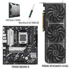 ASUS GPU& Motherboard &Thermal paste & CPU Combo, PRIME-RTX5060TI-O16G Graphics Card, PRIME B850M-K Motherboard, AMD Ryzen 5 9600X CPU,for Powering Advanced AI PC ASUS GPU& Motherboard &Thermal paste & CPU Combo, PRIME-RTX5060TI-O16G Graphics Card, PRIME B850M-K Motherboard, AMD Ryzen 5 9600X CPU,for Powering Advanced AI PC