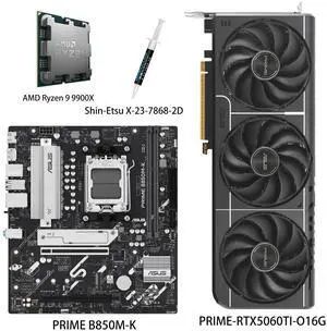 ASUS GPU& Motherboard &Thermal paste & CPU Combo, PRIME-RTX5060TI-O16G Graphics Card, PRIME B850M-K Motherboard, AMD Ryzen 9 9900X CPU,for Powering Advanced AI PC ASUS GPU& Motherboard &Thermal paste & CPU Combo, PRIME-RTX5060TI-O16G Graphics Card, PRIME B850M-K Motherboard, AMD Ryzen 9 9900X CPU,for Powering Advanced AI PC