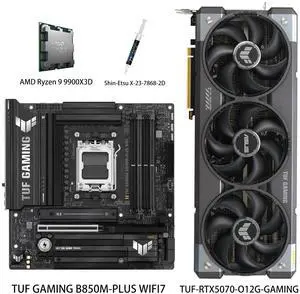 ASUS GPU& Motherboard &Thermal paste & CPU Combo, TUF-RTX5070-O12G-GAMING Graphics Card, TUF GAMING B850M-PLUS WIFI7 Motherboard, AMD Ryzen 9 9900X3D CPU, for AI PC, gaming PC ASUS GPU& Motherboard &Thermal paste & CPU Combo, TUF-RTX5070-O12G-GAMING Graphics Card, TUF GAMING B850M-PLUS WIFI7 Motherboard, AMD Ryzen 9 9900X3D CPU, for AI PC, gaming PC