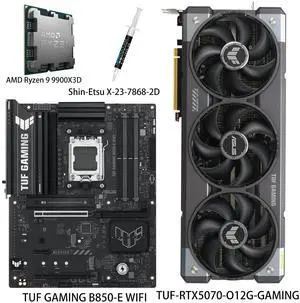 ASUS GPU& Motherboard &Thermal paste & CPU Combo, TUF-RTX5070-O12G-GAMING Graphics Card, TUF GAMING B850-E WIFI Motherboard, AMD Ryzen 9 9900X3D CPU, for AI PC, gaming PC ASUS GPU& Motherboard &Thermal paste & CPU Combo, TUF-RTX5070-O12G-GAMING Graphics Card, TUF GAMING B850-E WIFI Motherboard, AMD Ryzen 9 9900X3D CPU, for AI PC, gaming PC