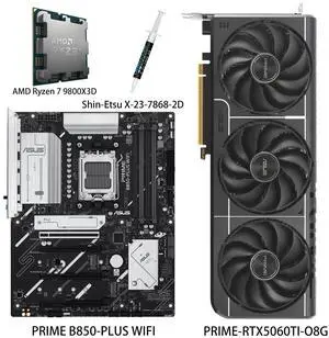 ASUS GPU& Motherboard &Thermal paste & CPU Combo, PRIME-RTX5060TI-O8G Graphics Card, PRIME B850-PLUS WIFI Motherboard, AMD Ryzen 7 9800X3D CPU, for Powering Advanced AI PC ASUS GPU& Motherboard &Thermal paste & CPU Combo, PRIME-RTX5060TI-O8G Graphics Card, PRIME B850-PLUS WIFI Motherboard, AMD Ryzen 7 9800X3D CPU, for Powering Advanced AI PC