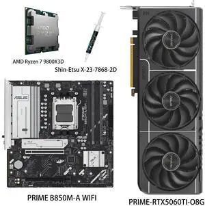 ASUS GPU& Motherboard &Thermal paste & CPU Combo, PRIME-RTX5060TI-O8G Graphics Card, PRIME B850M-A WIFI Motherboard, AMD Ryzen 7 9800X3D CPU, for Powering Advanced AI PC ASUS GPU& Motherboard &Thermal paste & CPU Combo, PRIME-RTX5060TI-O8G Graphics Card, PRIME B850M-A WIFI Motherboard, AMD Ryzen 7 9800X3D CPU, for Powering Advanced AI PC