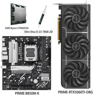 ASUS GPU& Motherboard &Thermal paste & CPU Combo, PRIME-RTX5060TI-O8G Graphics Card, PRIME B850M-K Motherboard, AMD Ryzen 9 9900X3D CPU, for Powering Advanced AI PC ASUS GPU& Motherboard &Thermal paste & CPU Combo, PRIME-RTX5060TI-O8G Graphics Card, PRIME B850M-K Motherboard, AMD Ryzen 9 9900X3D CPU, for Powering Advanced AI PC